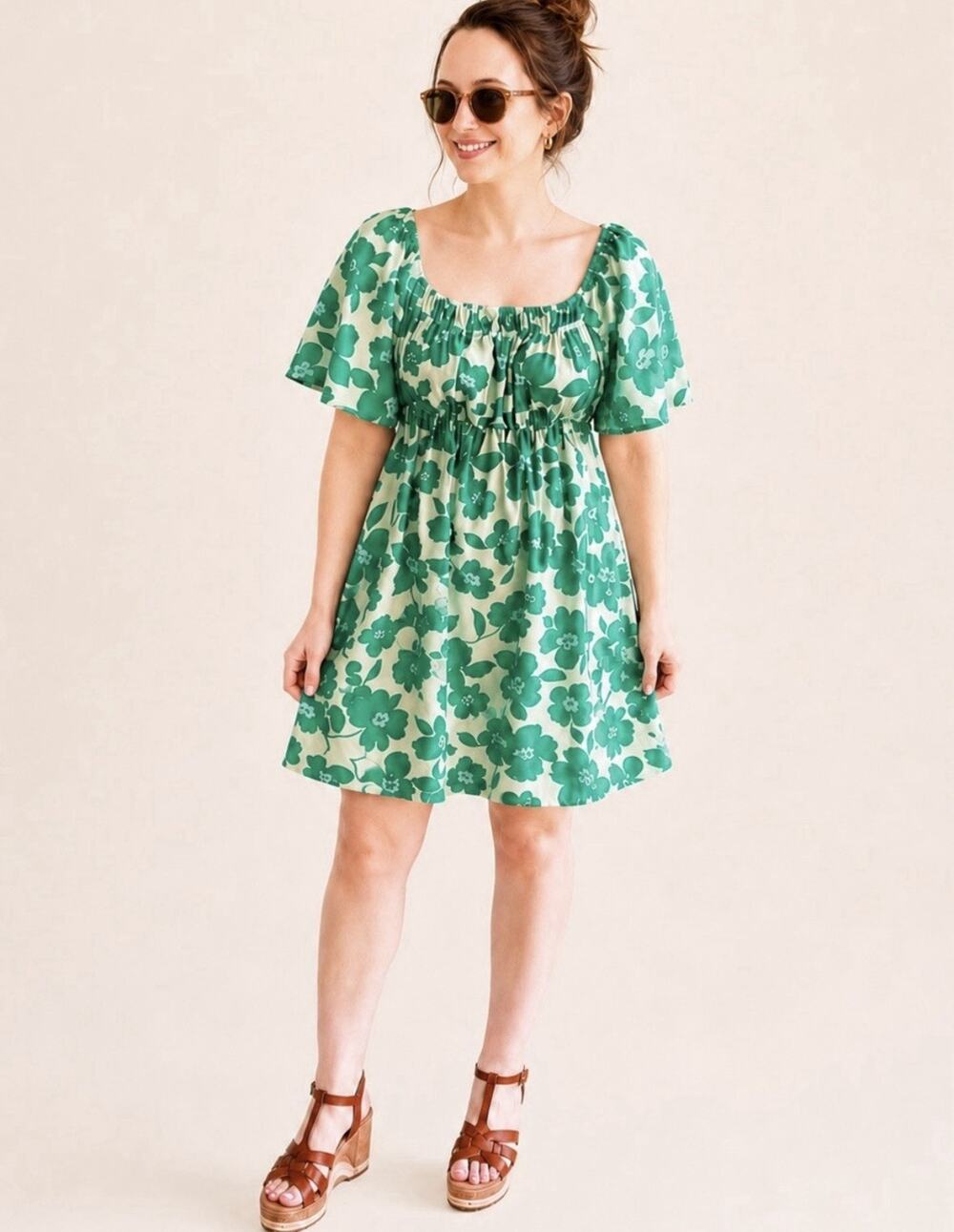 NWT Peach Love Green Floral Babydoll Mini Dress Large Summer